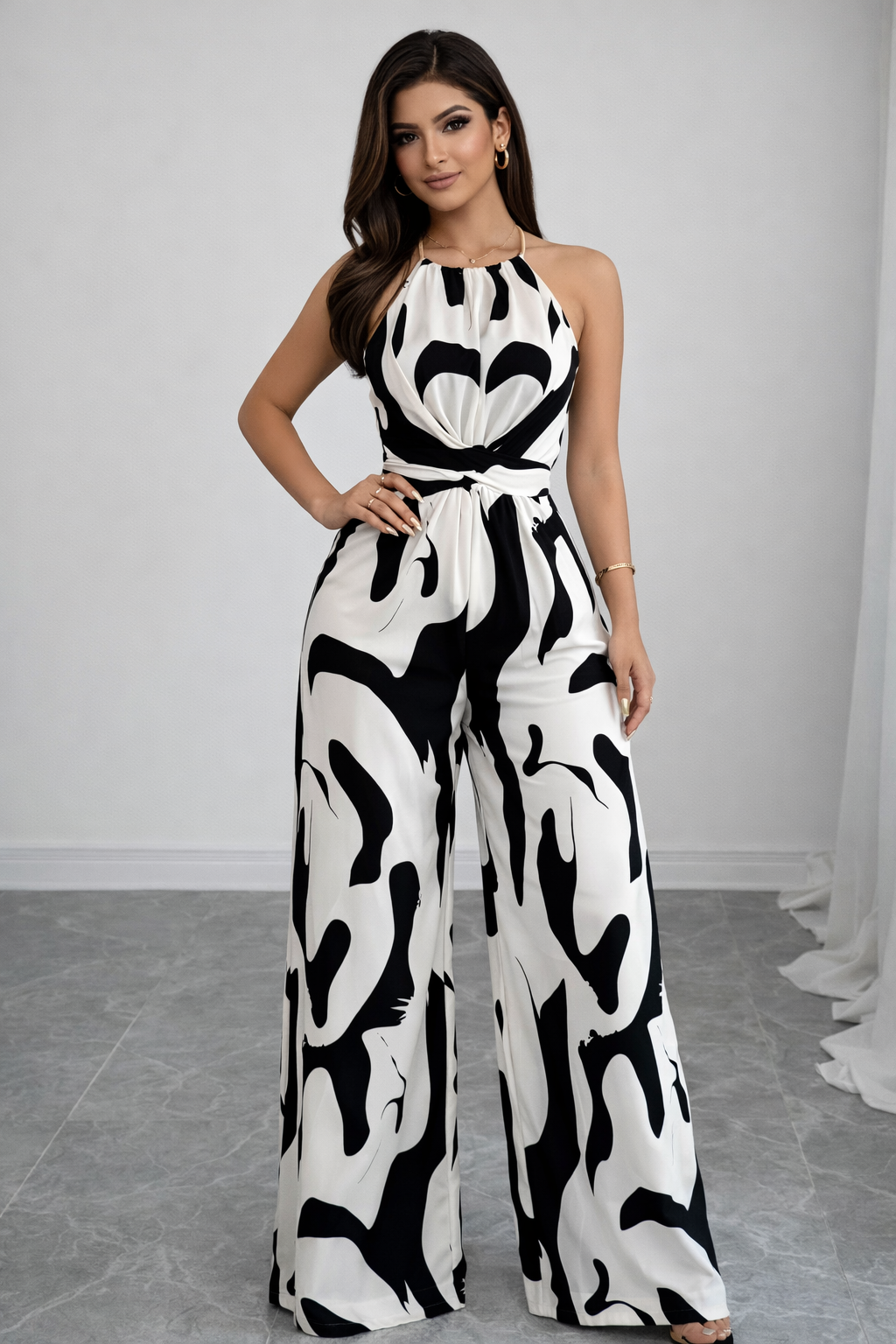Abstract Print Halter Neck Wide-Leg Jumpsuit with Tie Waist