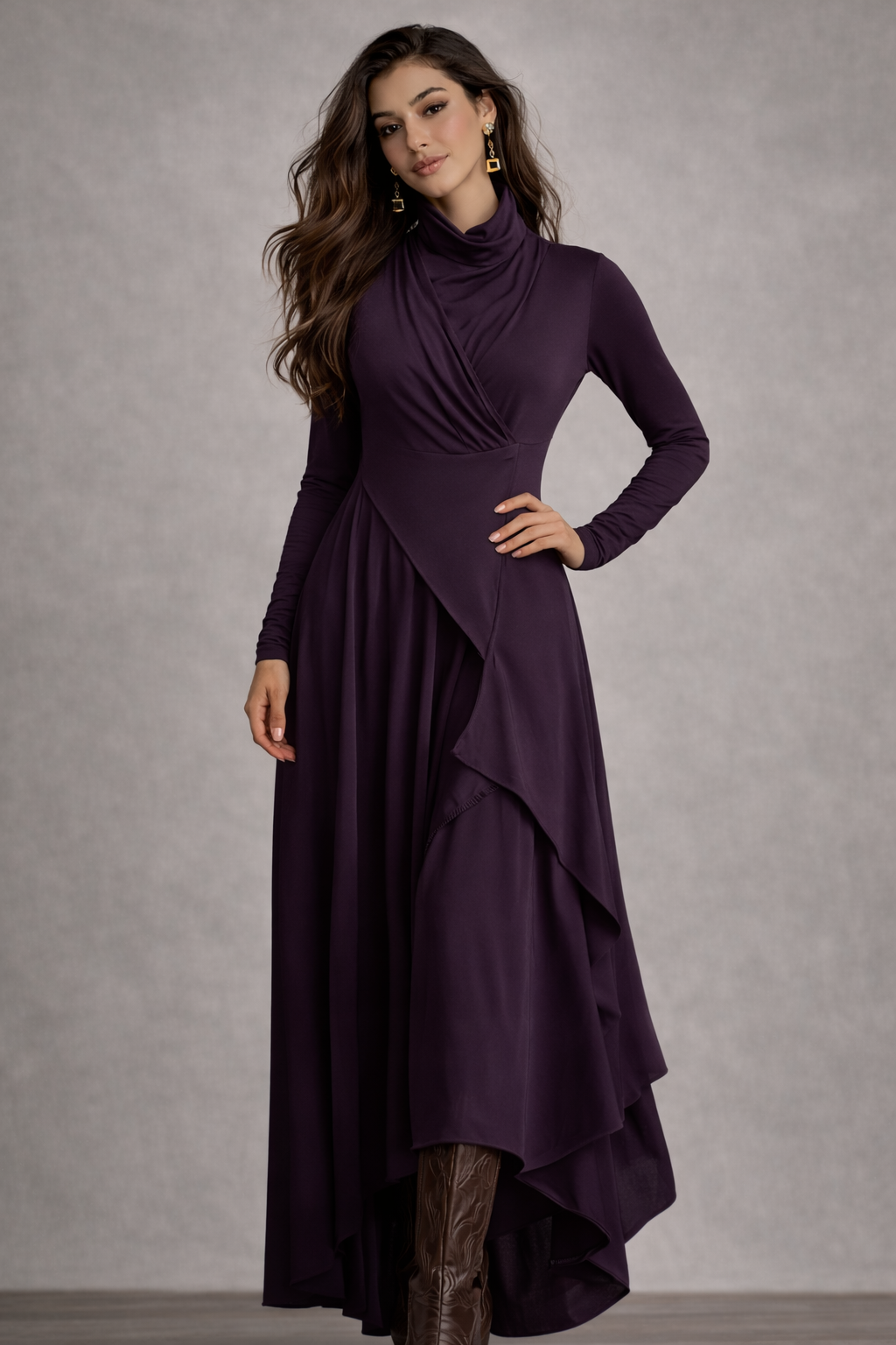 Women’s Purple Bohemian Turtleneck Asymmetric Maxi Dress