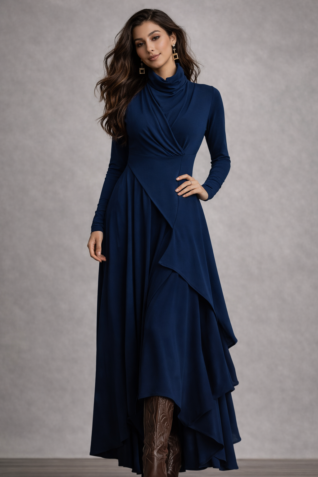 Women’s Purple Bohemian Turtleneck Asymmetric Maxi Dress