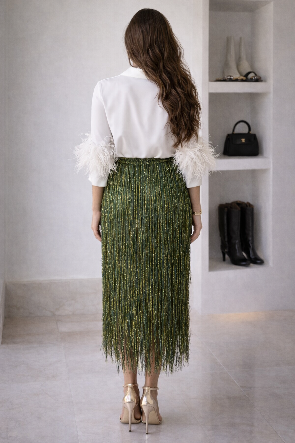 Green Metallic Fringe Midi Skirt