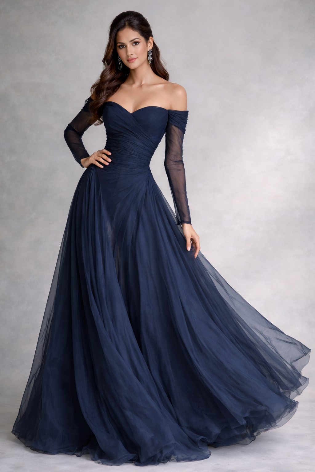 Elegant Navy Off-Shoulder Evening Gown with Sheer Sleeves