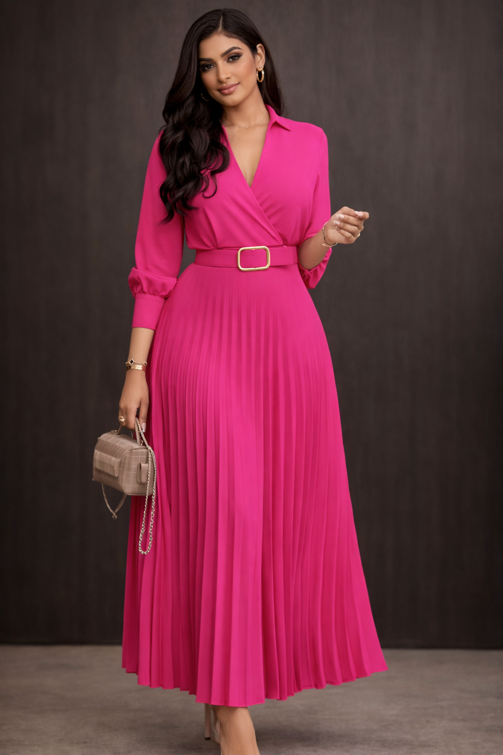 Elegant Pleated Midi Dress | Long Sleeve Wrap Style Dress