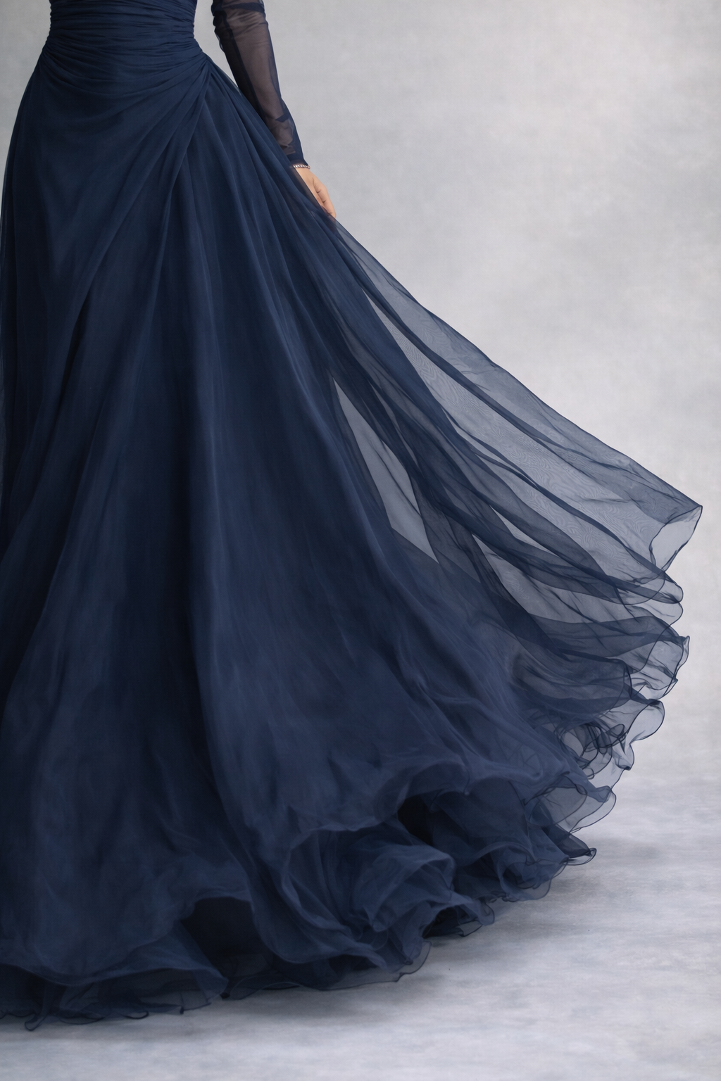Elegant Navy Off-Shoulder Evening Gown with Sheer Sleeves