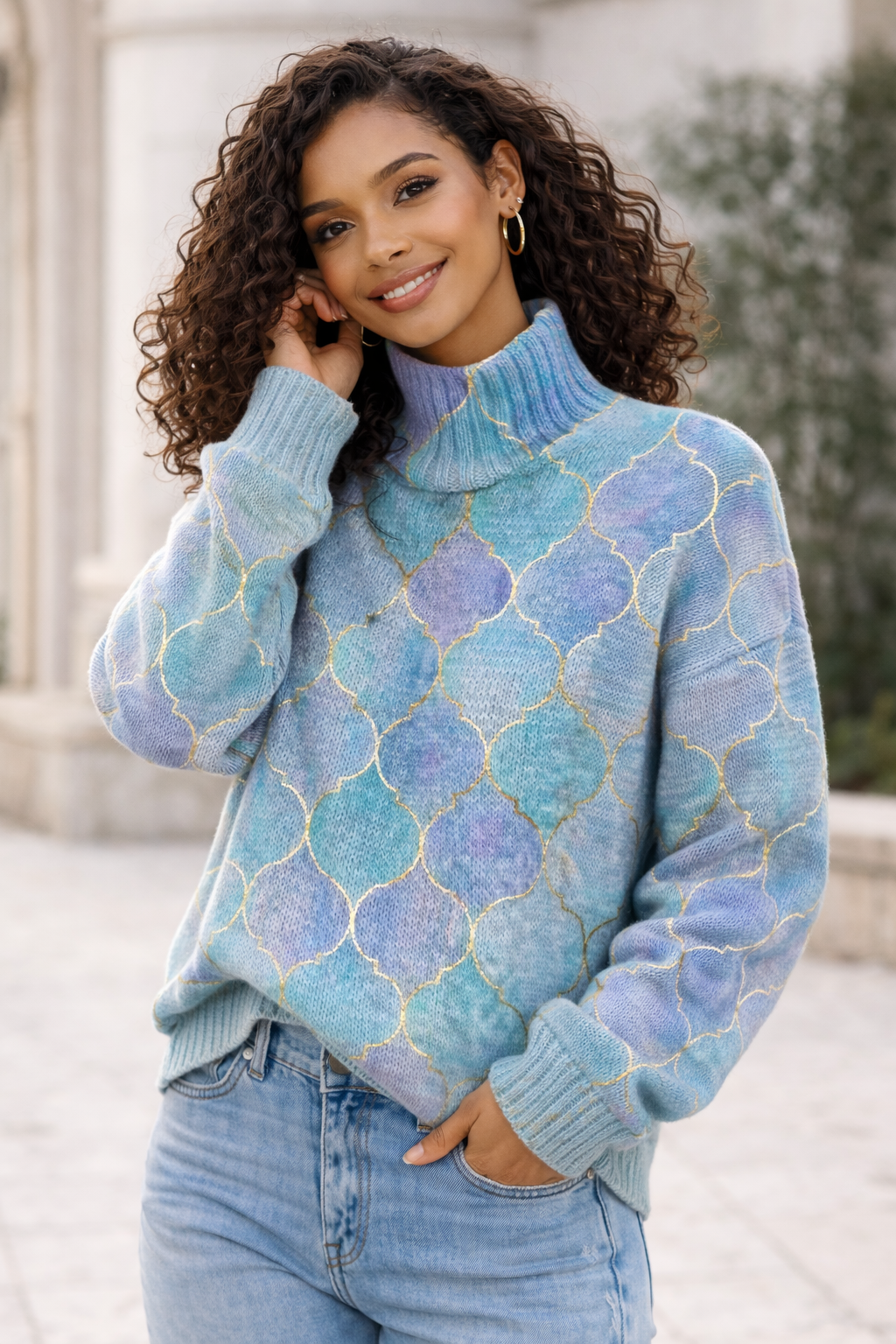 Pastel Mosaic Turtleneck Sweater – Gold Quatrefoil Knit Pullover