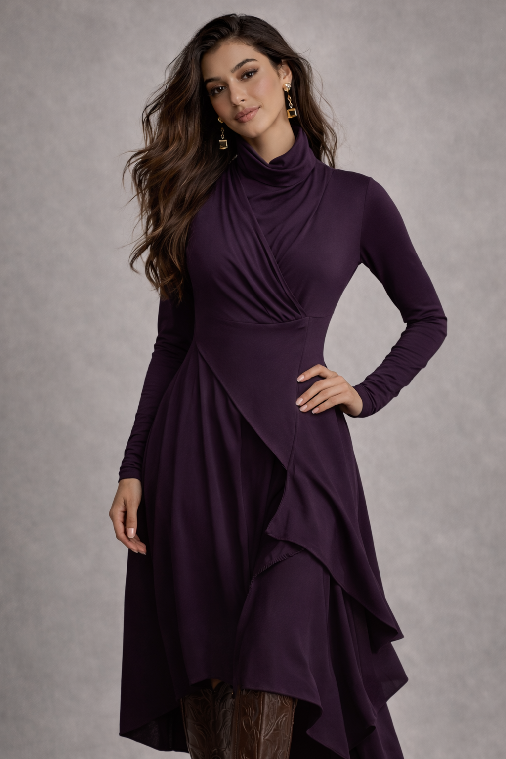 Women’s Purple Bohemian Turtleneck Asymmetric Maxi Dress