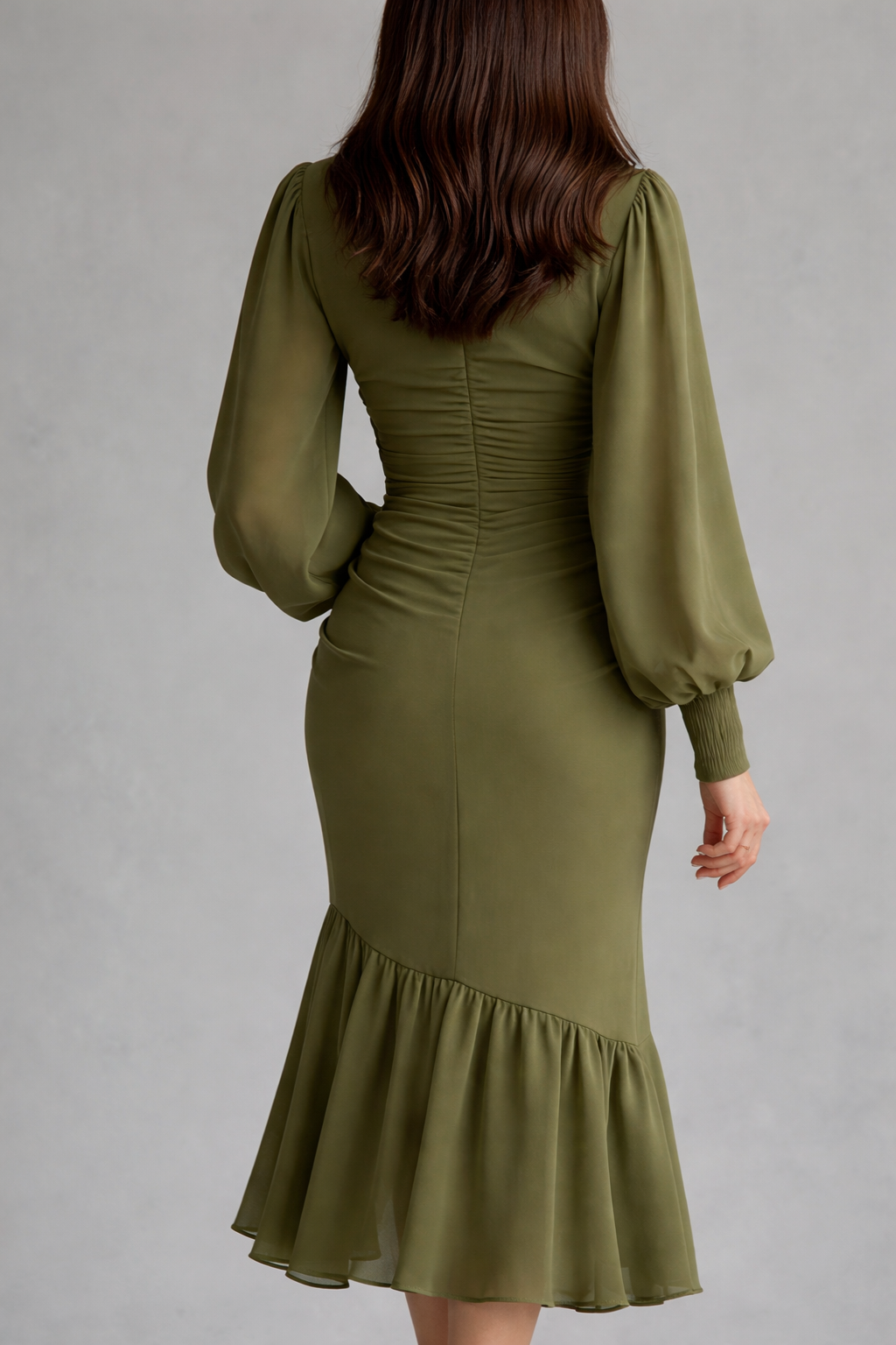 Matcha Green Ruched Midi Dress – Long Sleeve V-Neck Elegant Flowy Dress