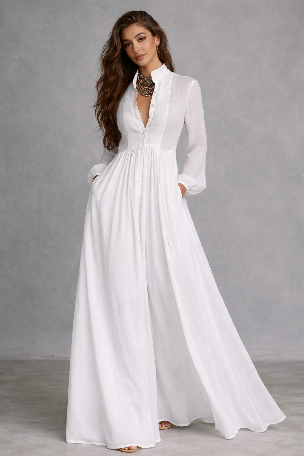 Elegant Ivory Button-Front Maxi Dress