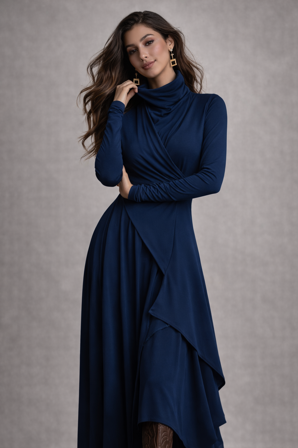 Women’s Purple Bohemian Turtleneck Asymmetric Maxi Dress