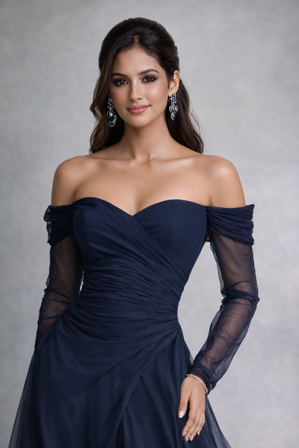 Elegant Navy Off-Shoulder Evening Gown with Sheer Sleeves