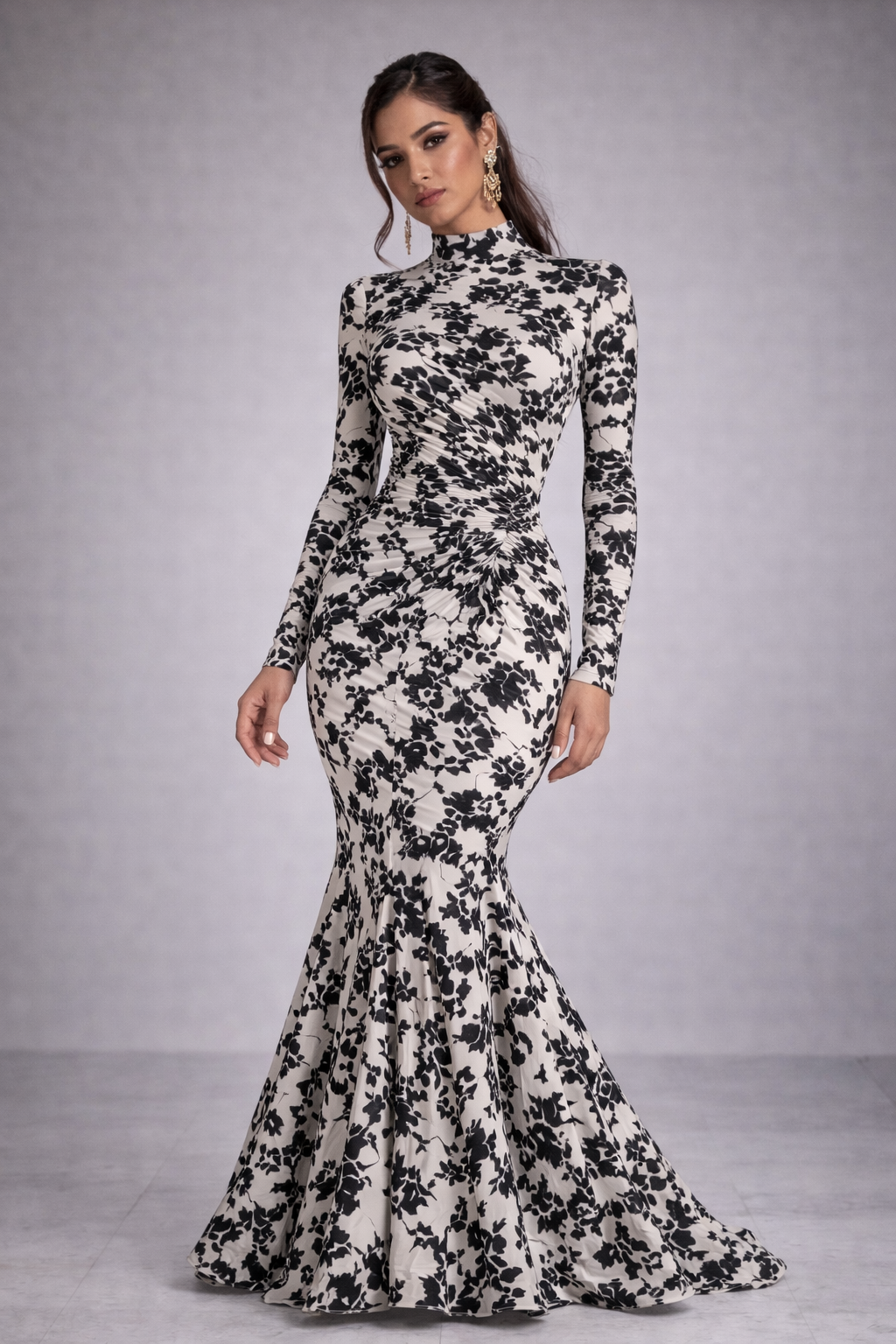 Elegant Black & White Floral Long Sleeve Gown