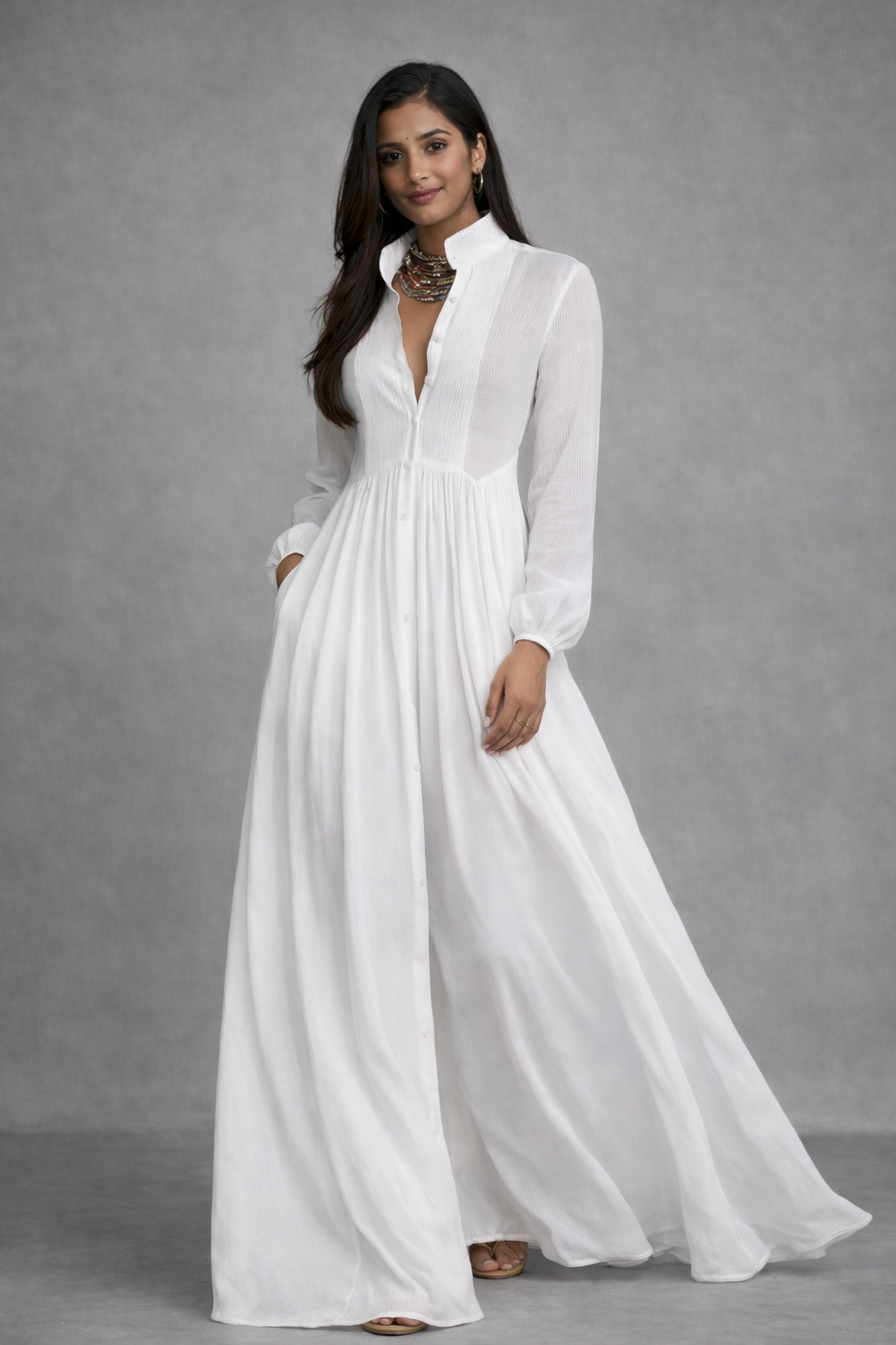 Elegant Ivory Button-Front Maxi Dress