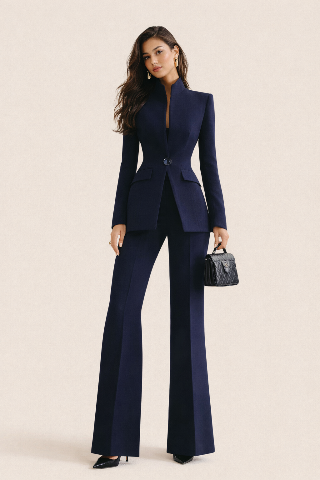High-Collar Blazer & Wide-Leg Trousers Set