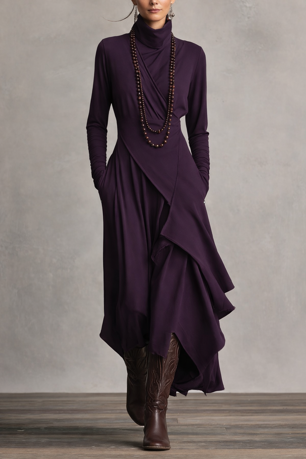 Women’s Purple Bohemian Turtleneck Asymmetric Maxi Dress