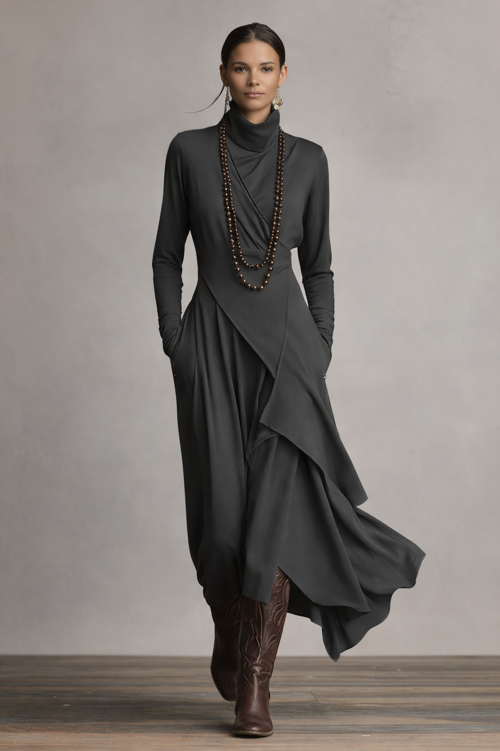 Women’s Purple Bohemian Turtleneck Asymmetric Maxi Dress