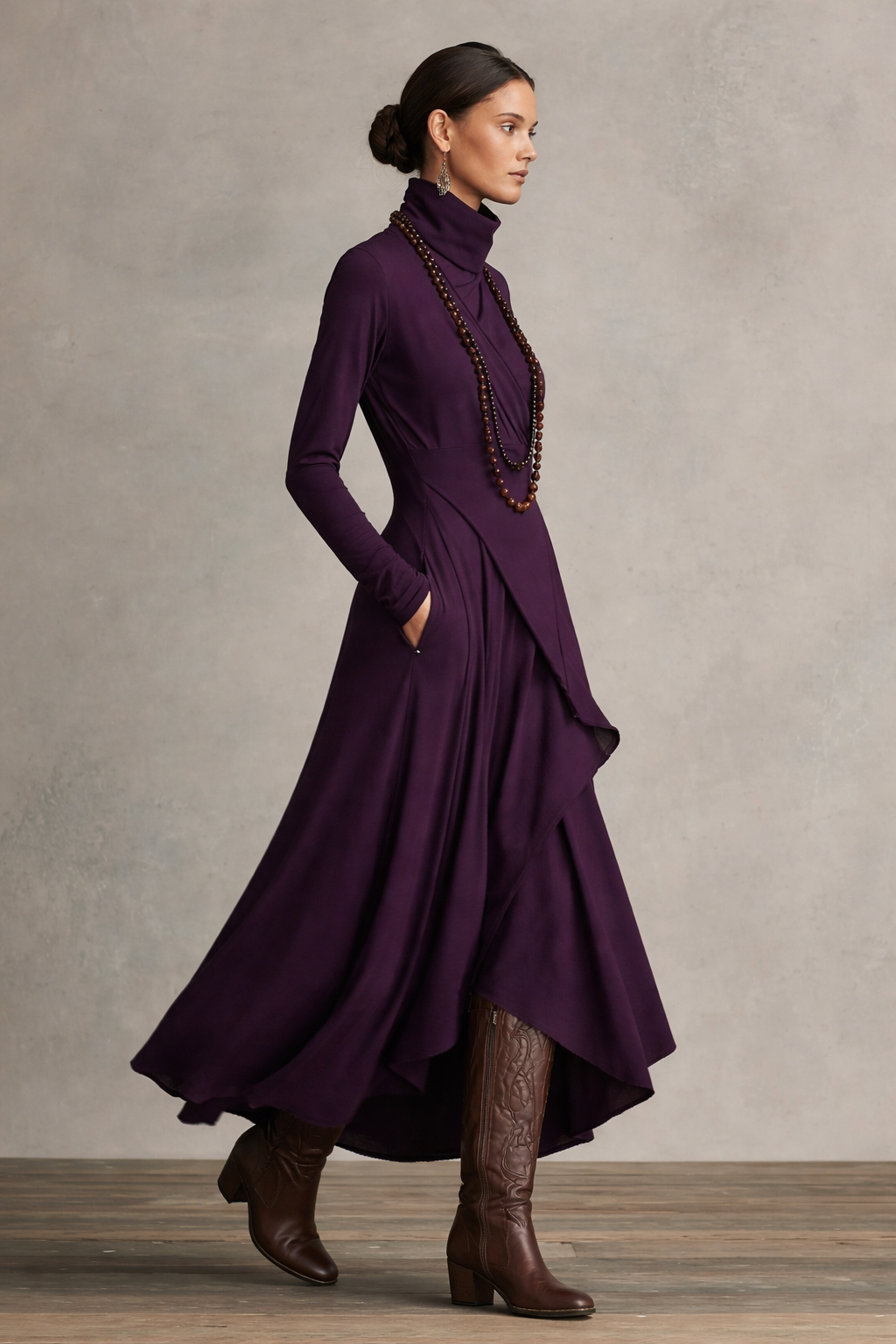 Women’s Purple Bohemian Turtleneck Asymmetric Maxi Dress
