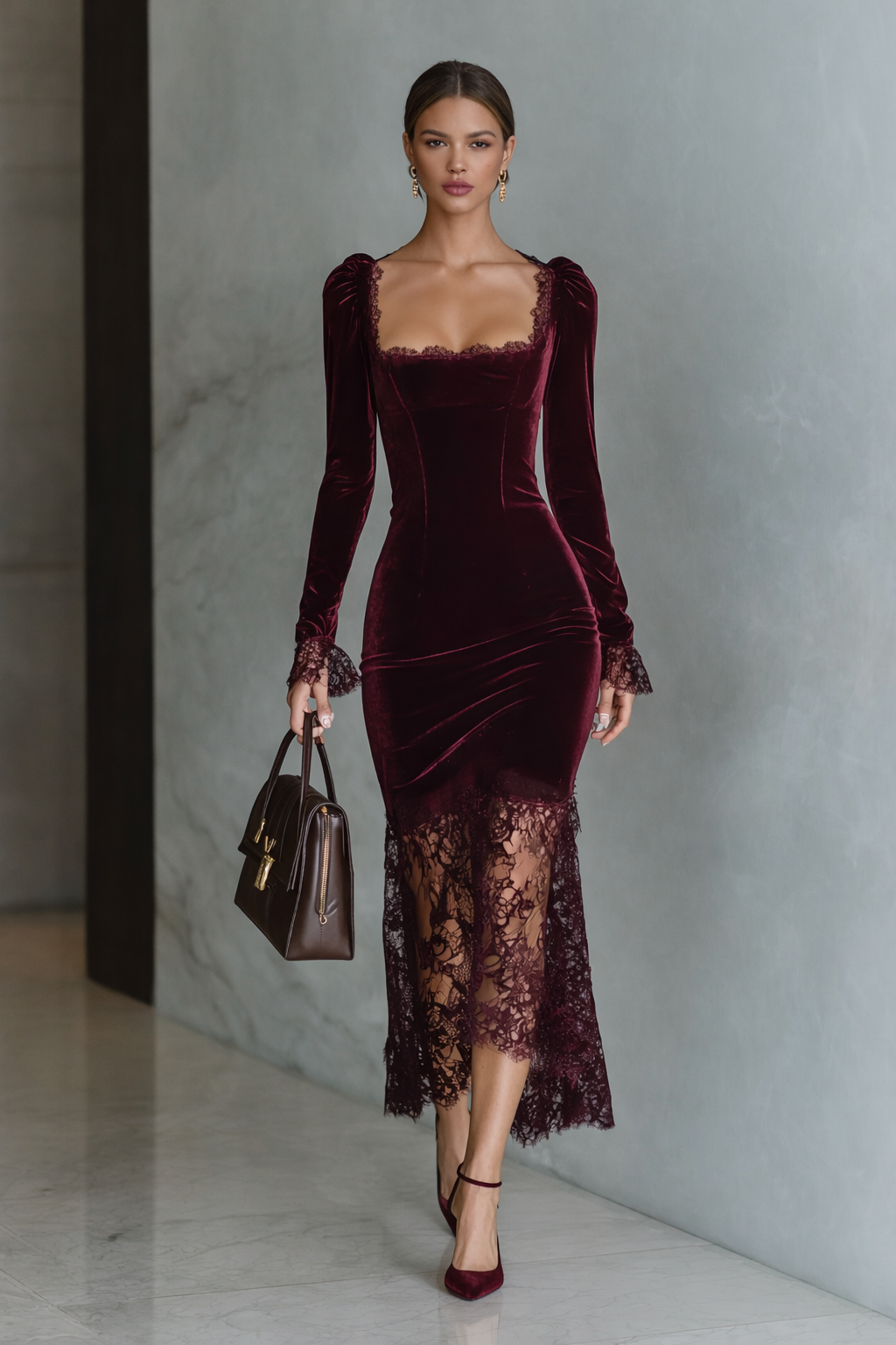 Women’s Burgundy Velvet Lace-Trim Maxi Dress
