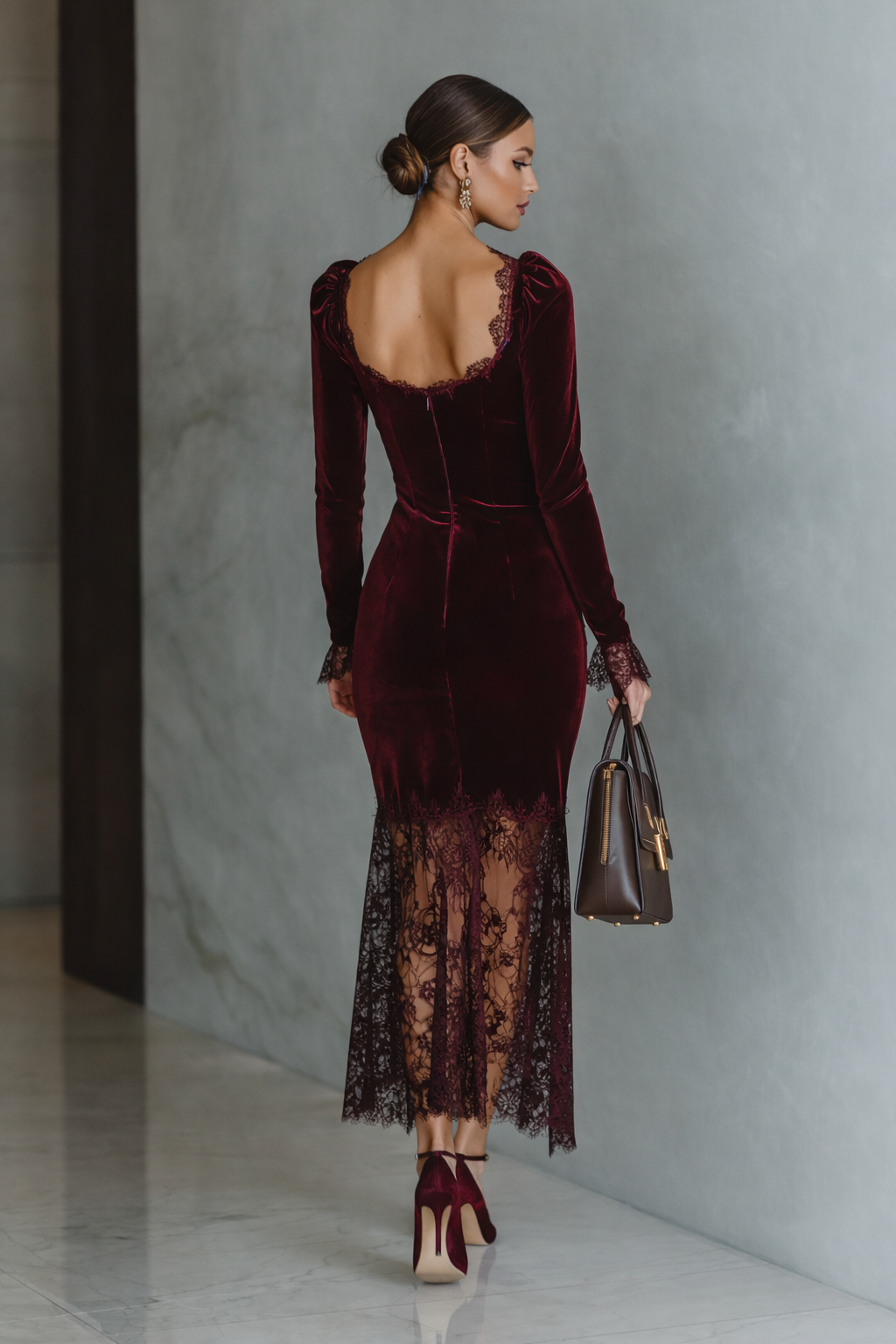 Women’s Burgundy Velvet Lace-Trim Maxi Dress