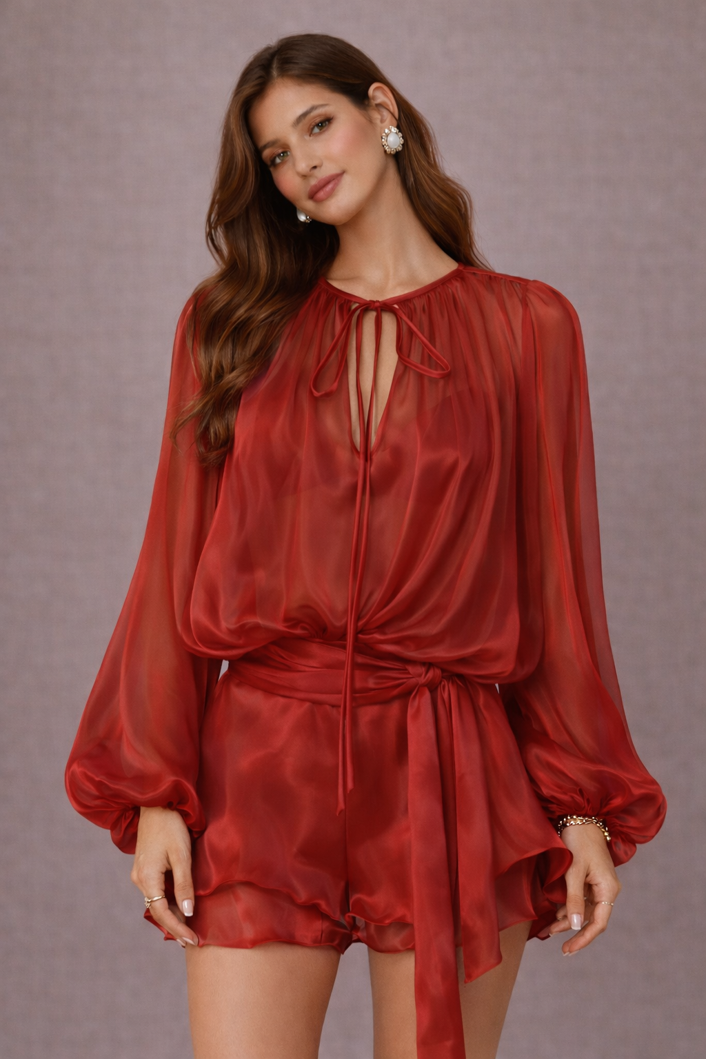 Sheer Elegance White Chiffon Blouse & Shorts Set