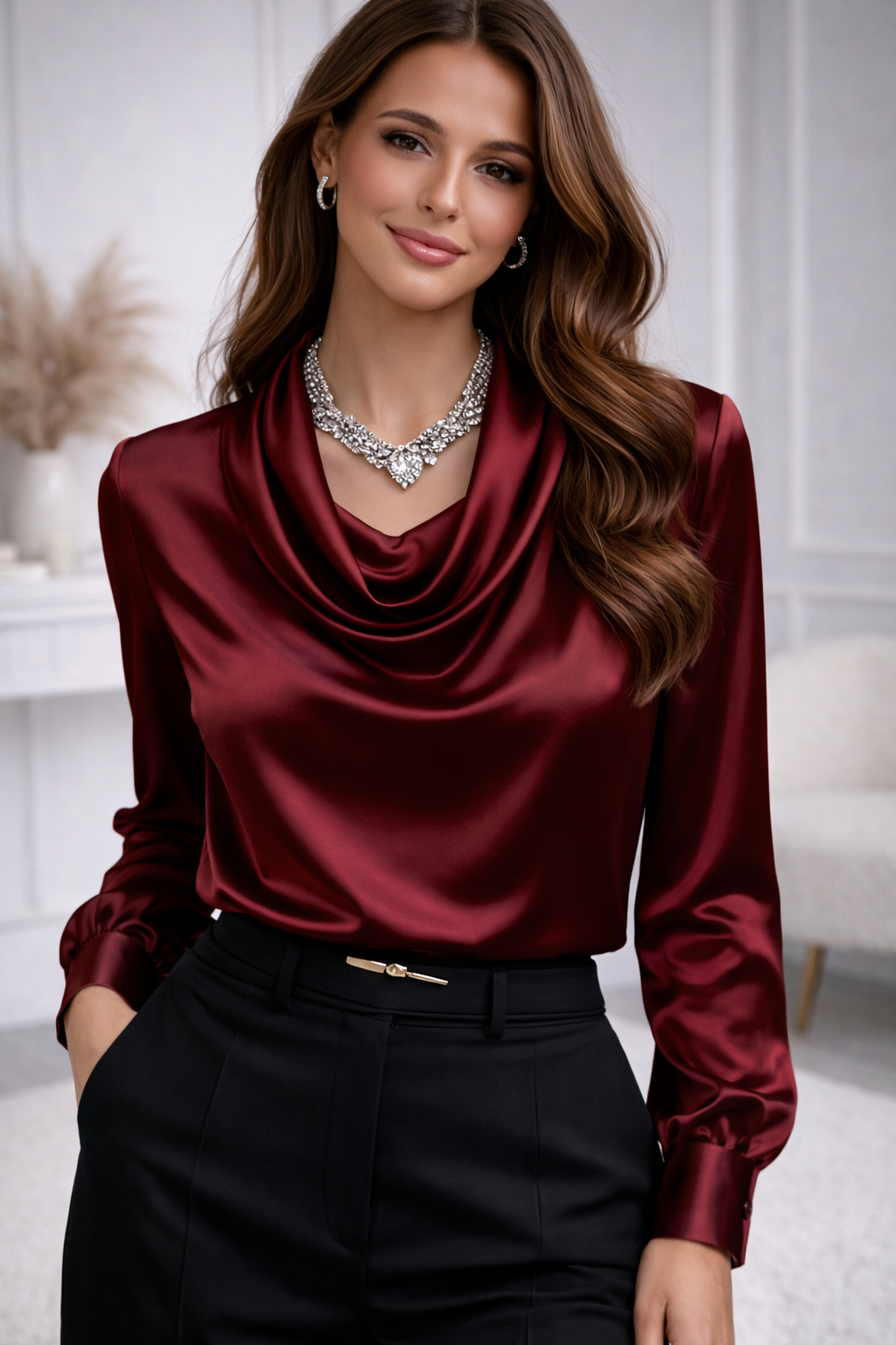 Golden Satin Cowl-Neck Blouse – Luxe Long-Sleeve Top