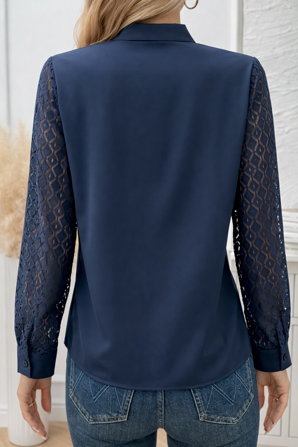 Elegant Navy Lace-Sleeve Blouse