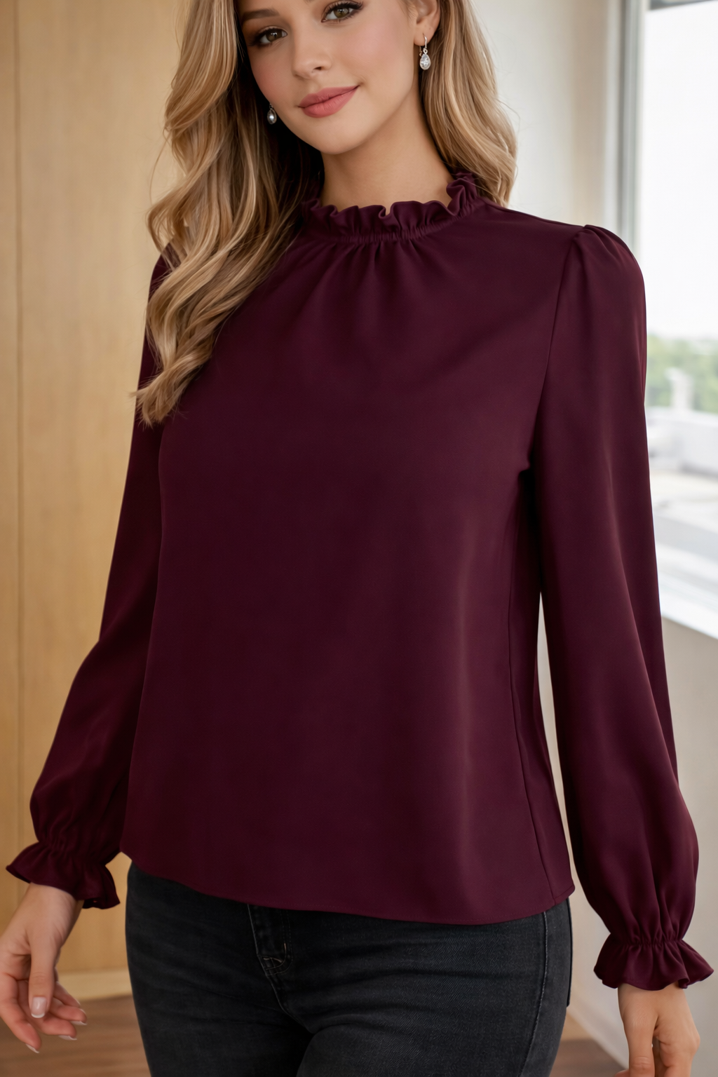 Elegant Sheer High-Neck Blouse with Soft Ruffle Details