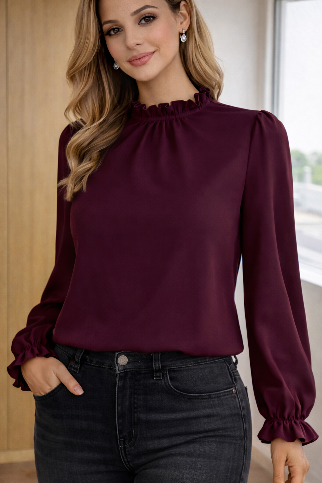 Elegant Sheer High-Neck Blouse with Soft Ruffle Details