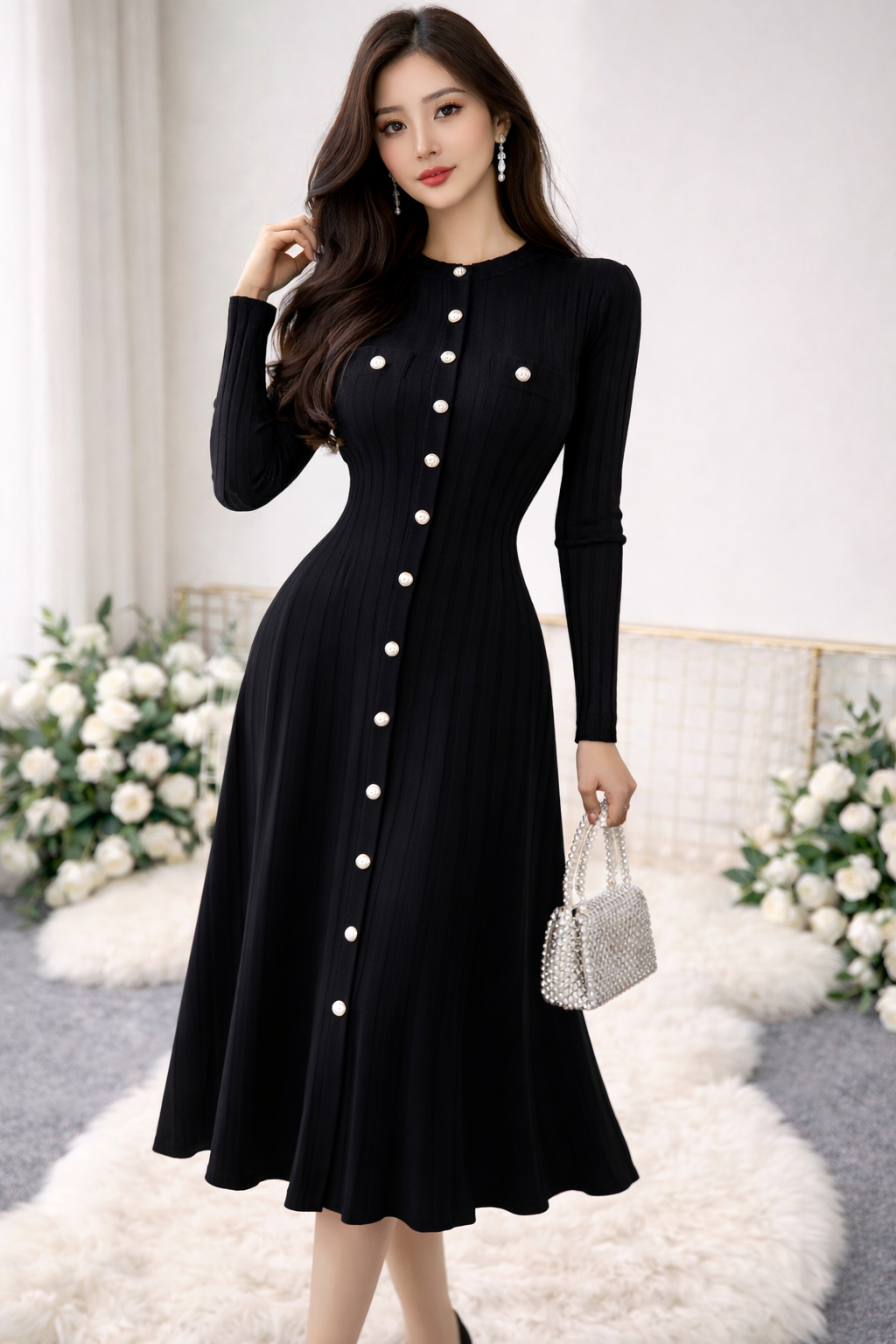 Elegant Ribbed Knit Midi Dress with Gold Buttons