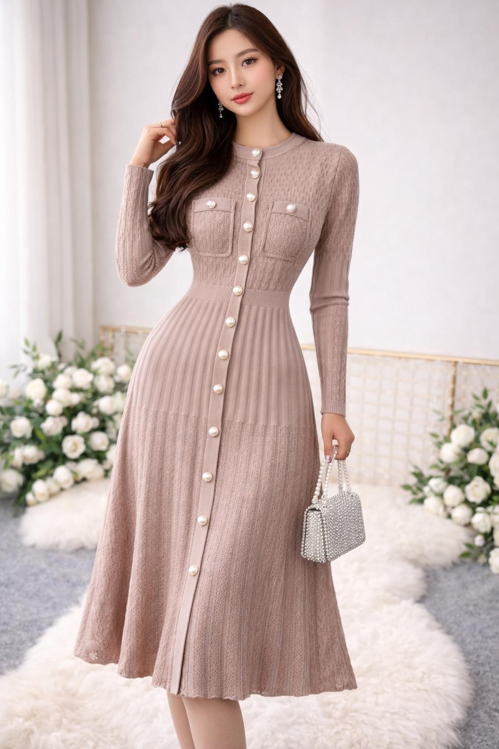 Elegant Ribbed Knit Midi Dress with Gold Buttons