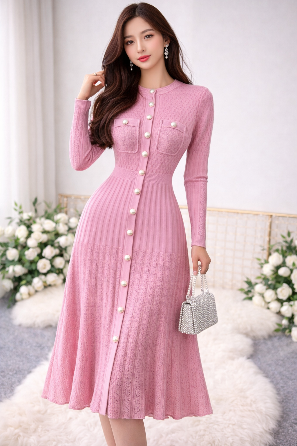Elegant Ribbed Knit Midi Dress with Gold Buttons