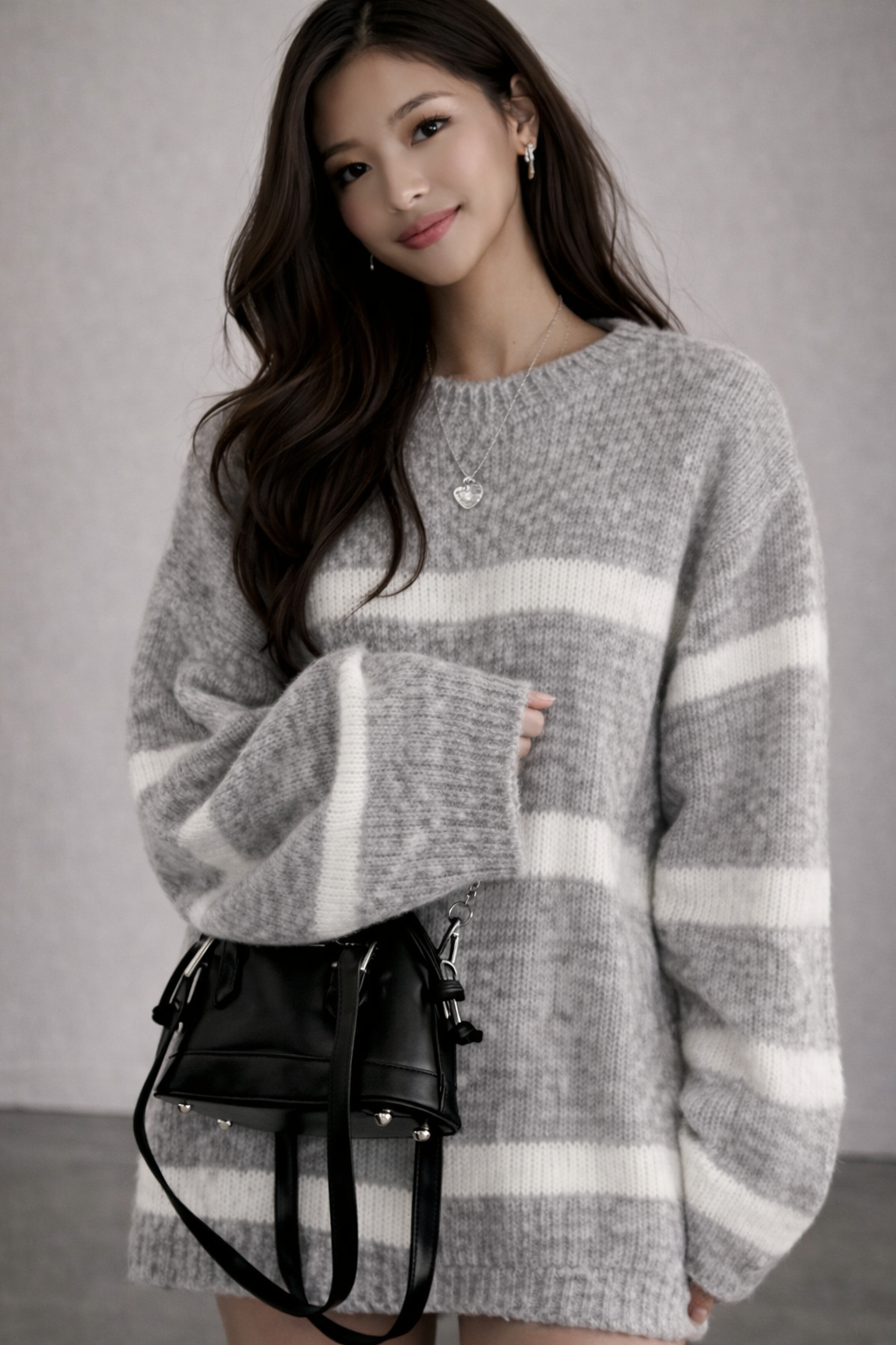 Oversized Grey Striped Knit Sweater Dress