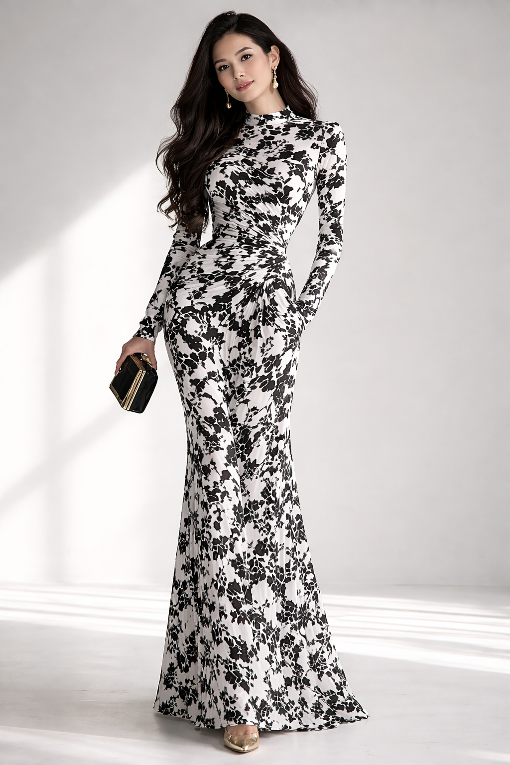Elegant Black & White Floral Long Sleeve Gown