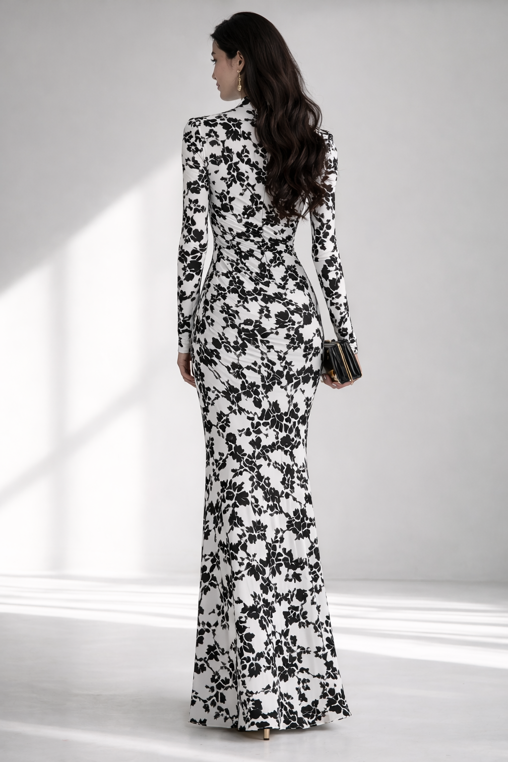 Elegant Black & White Floral Long Sleeve Gown