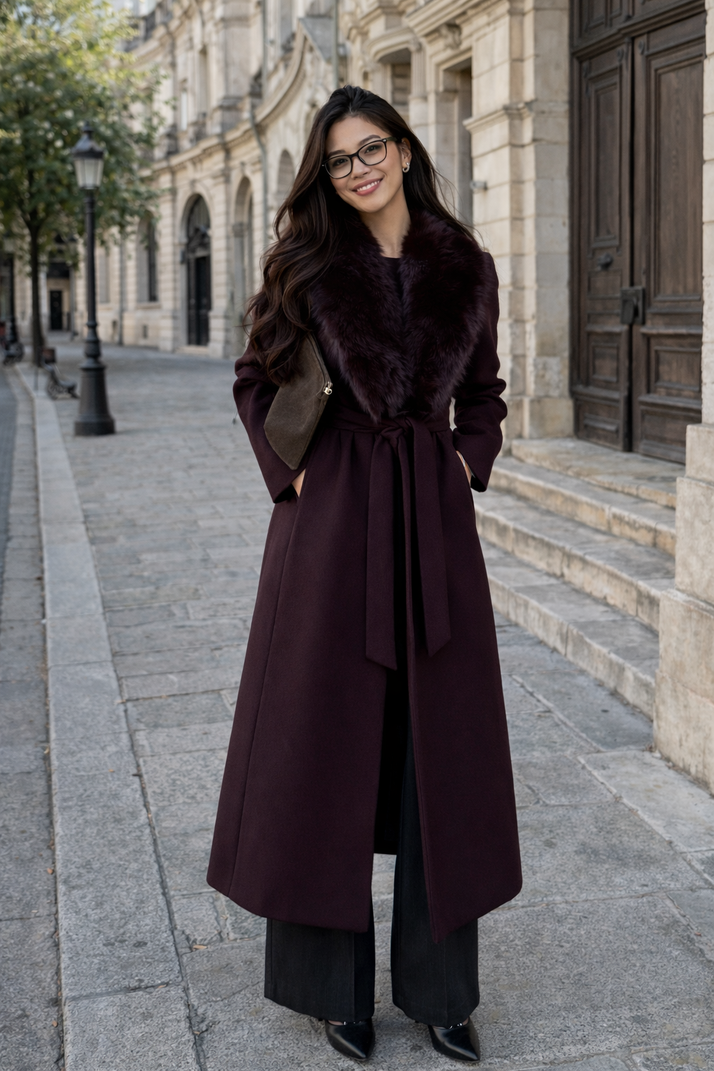 Luxury Burgundy Wool Coat with Fur Collar