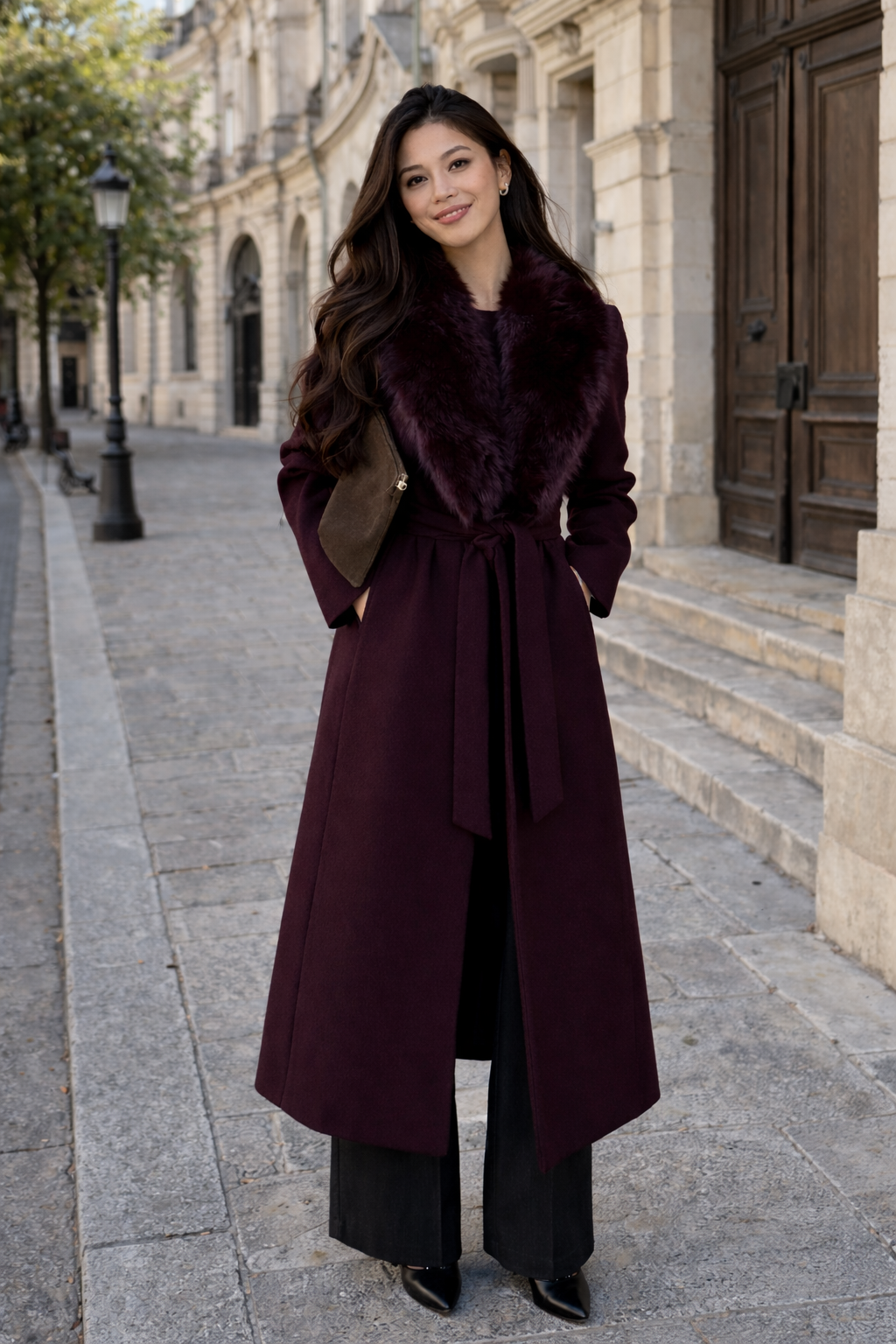 Luxury Burgundy Wool Coat with Fur Collar