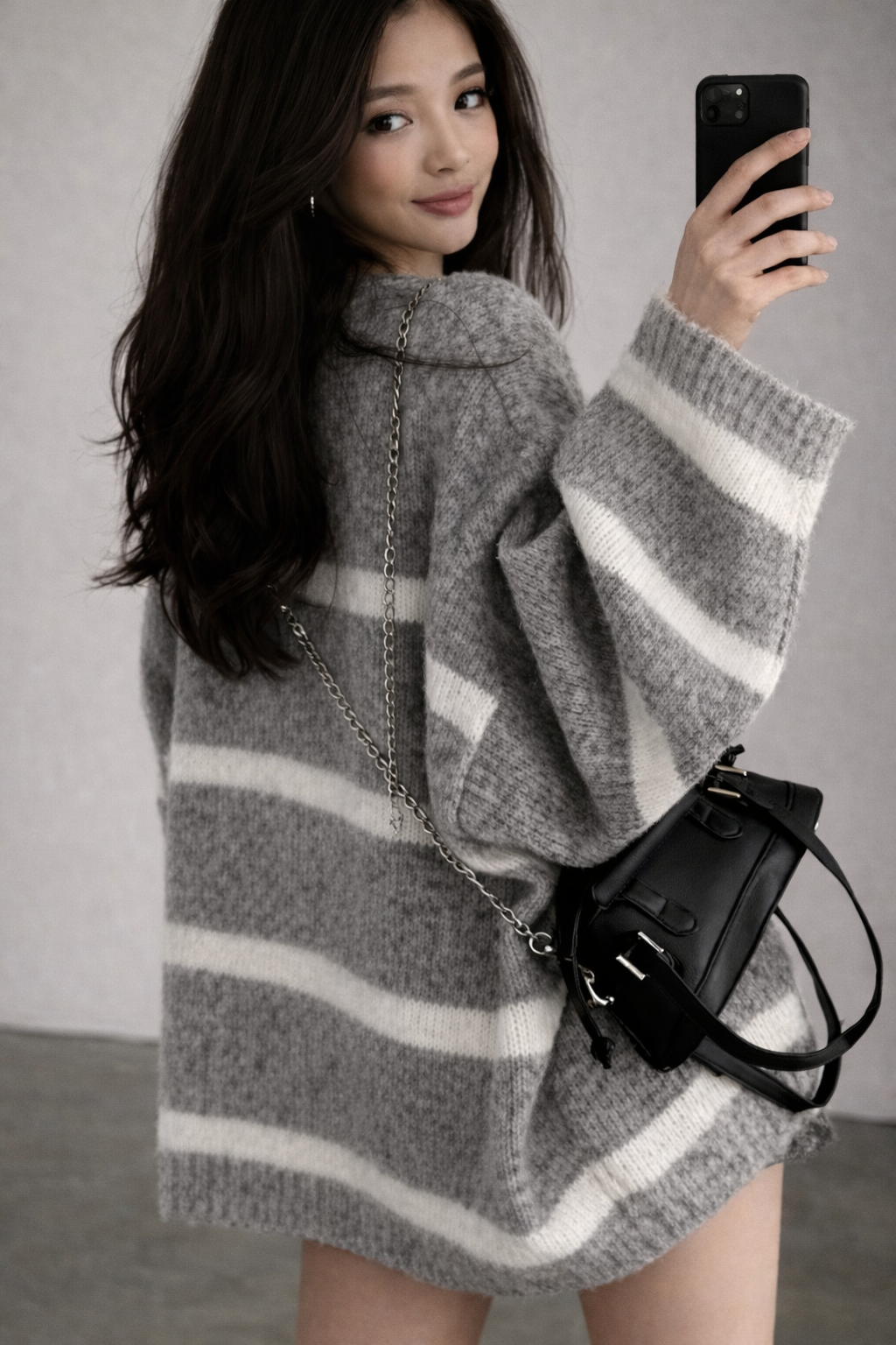 Oversized Grey Striped Knit Sweater Dress