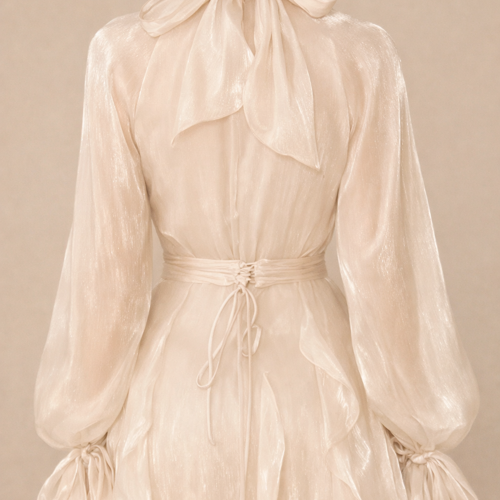 Ethereal Blush Ruffle Gown – High-Neck  Evening Dress