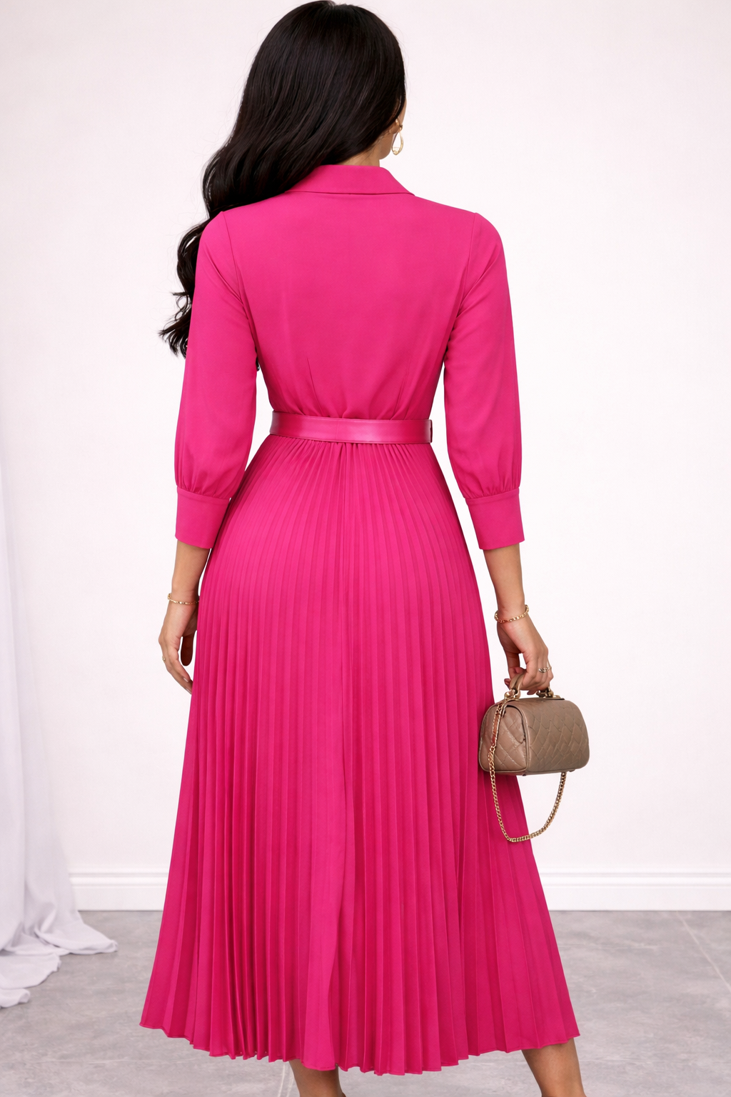 Elegant Pleated Midi Dress | Long Sleeve Wrap Style Dress