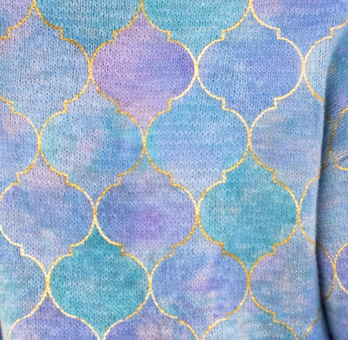 Pastel Mosaic Turtleneck Sweater – Gold Quatrefoil Knit Pullover