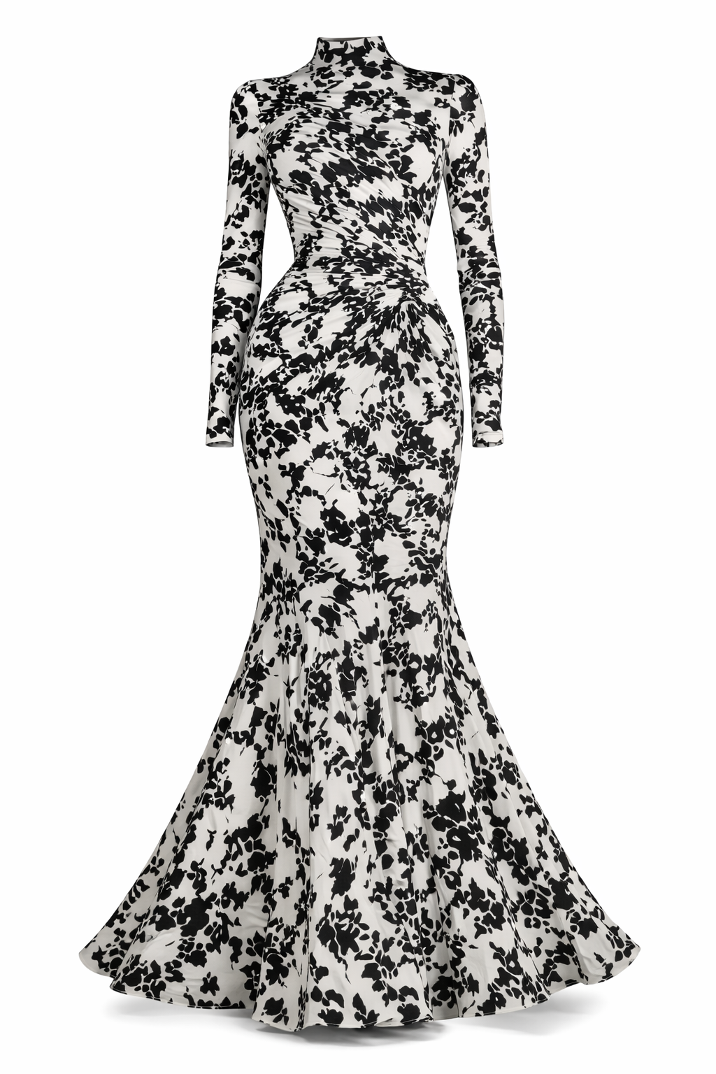 Elegant Black & White Floral Long Sleeve Gown