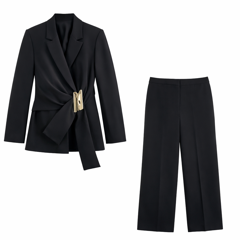 Luxury Black Pantsuit for Women | Tailored Wrap Blazer Set