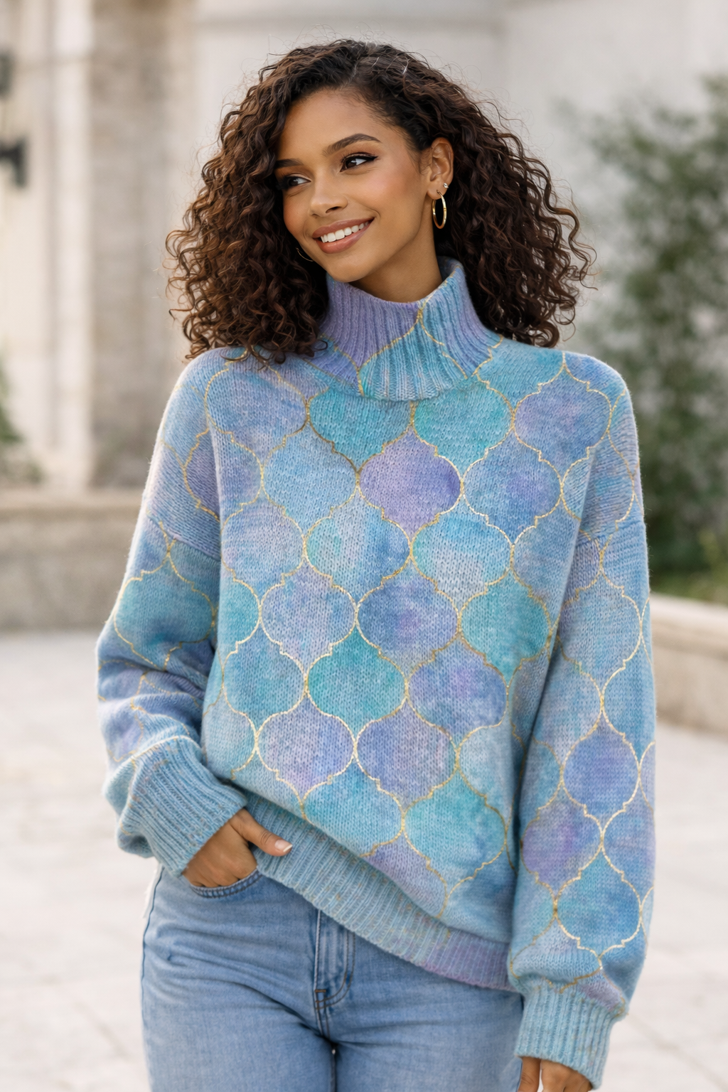 Pastel Mosaic Turtleneck Sweater – Gold Quatrefoil Knit Pullover