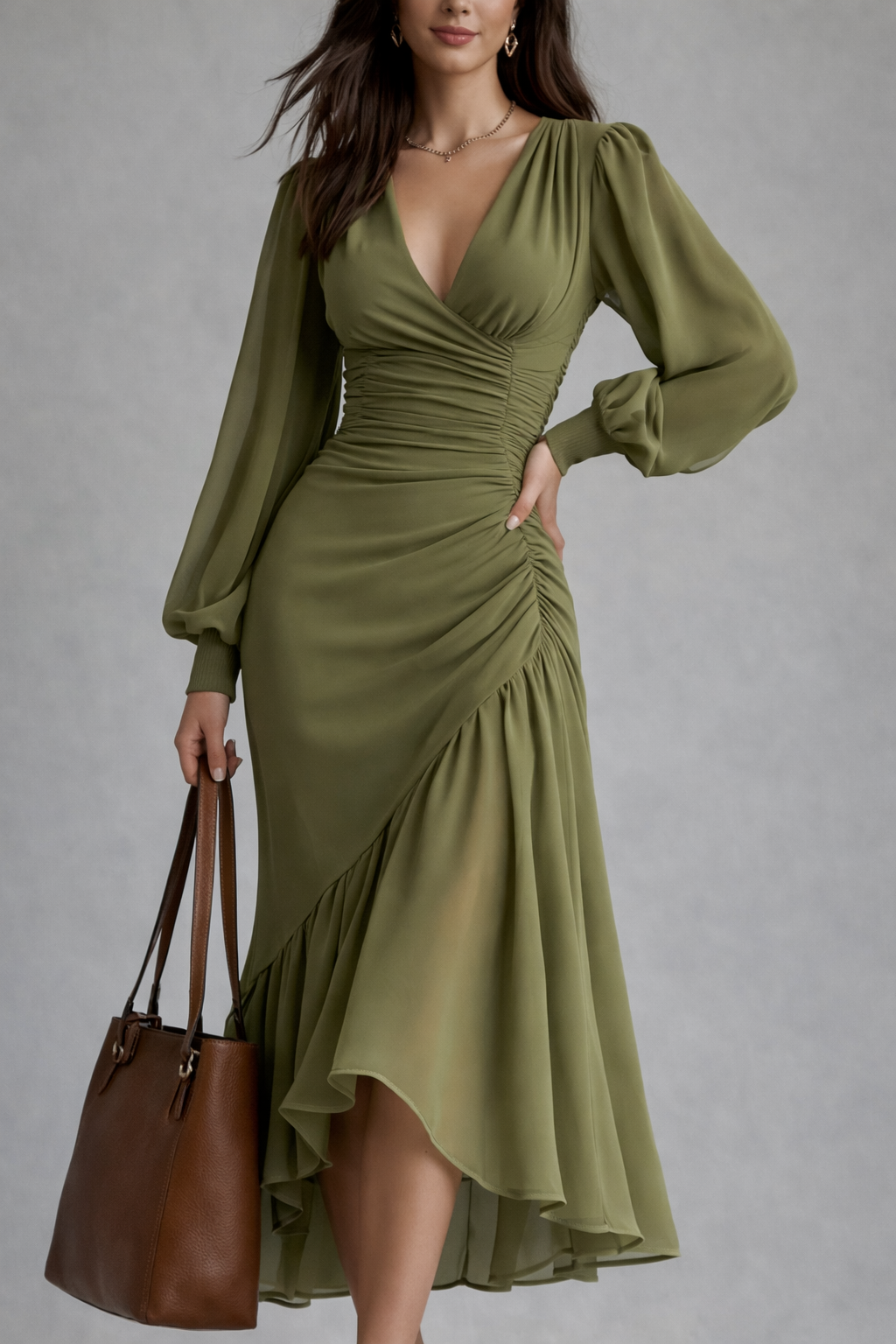 Matcha Green Ruched Midi Dress – Long Sleeve V-Neck Elegant Flowy Dress
