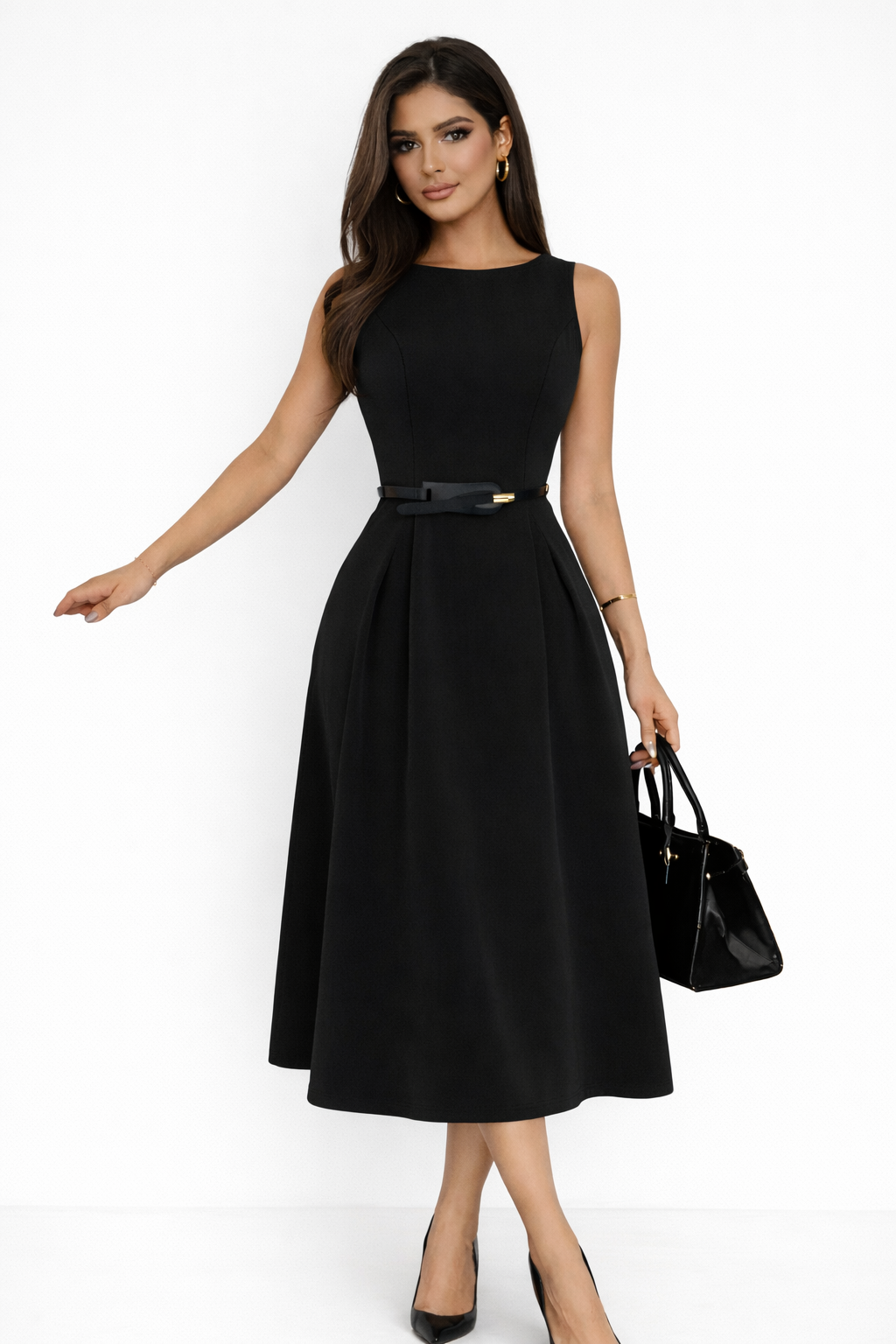 Elegant Black Sleeveless Midi Dress for Women | Minimalist Office & Evening Dress