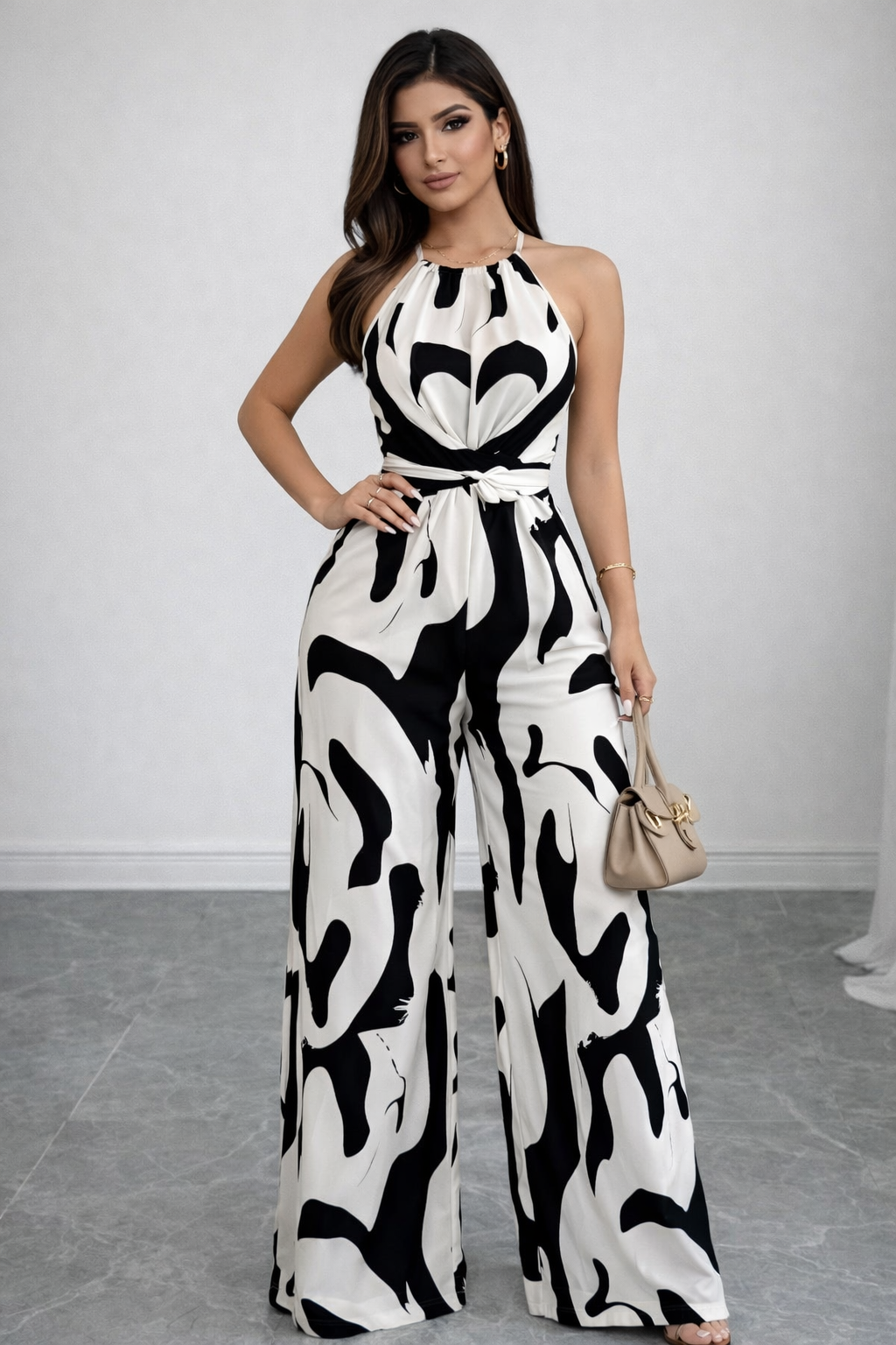 Abstract Print Halter Neck Wide-Leg Jumpsuit with Tie Waist