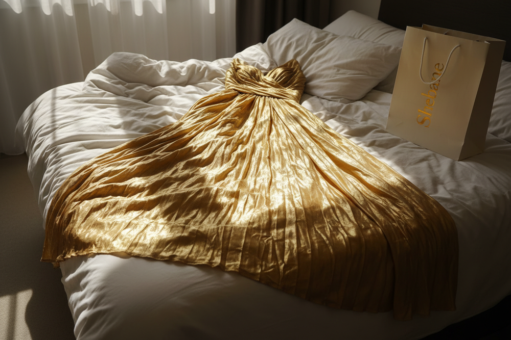 generate me a cream color shopping bag with a golden text "Shebane"  on bed with  golden dress on the bed make it look like someone took that picture not perfect ai generated pic.make the dress more vislbe than the shopping bag