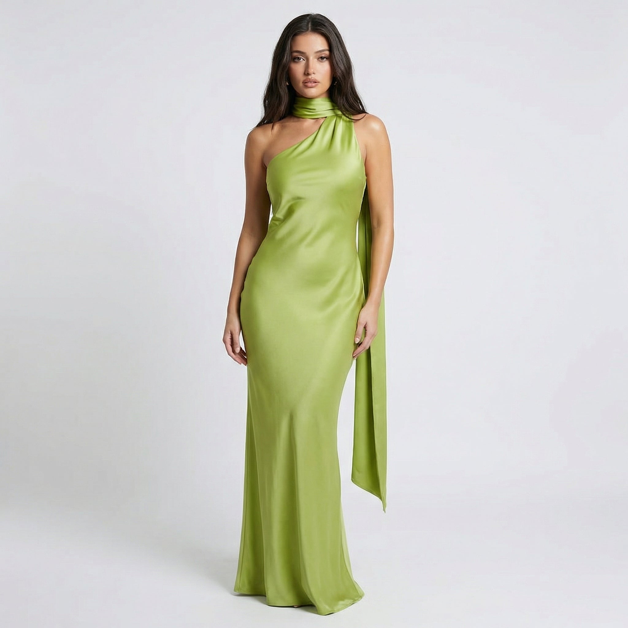 Seraphina Satin One-Shoulder Scarf Gown