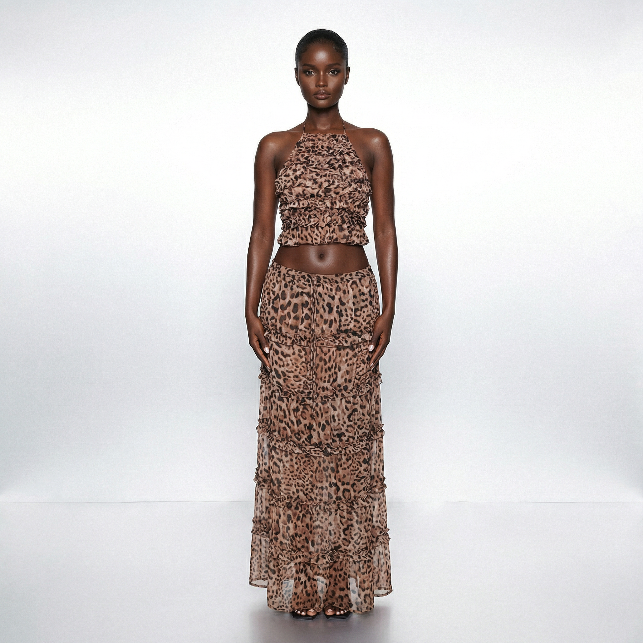 Leopard Print Ruffle Two-Piece Maxi Skirt Set