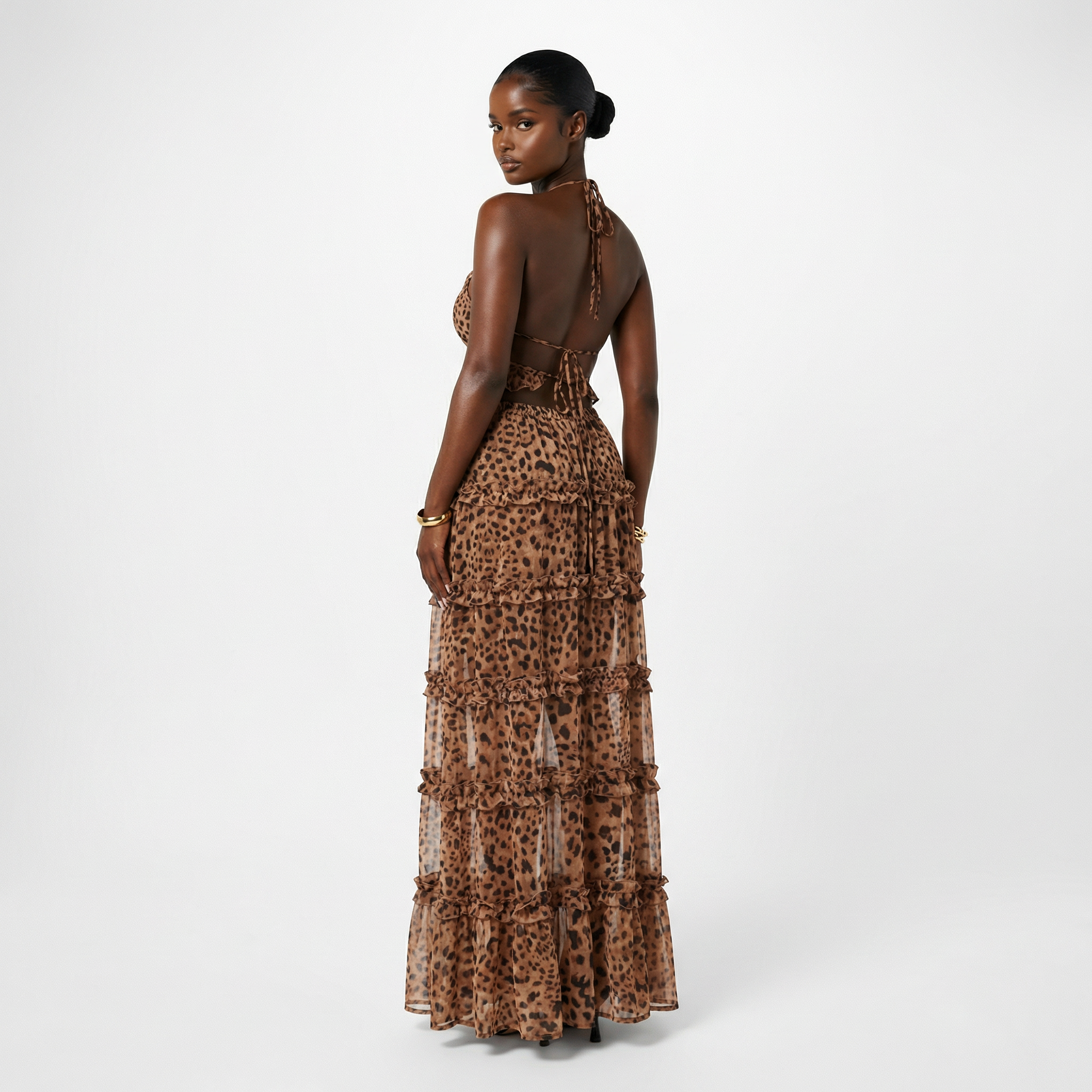 Leopard Print Ruffle Two-Piece Maxi Skirt Set