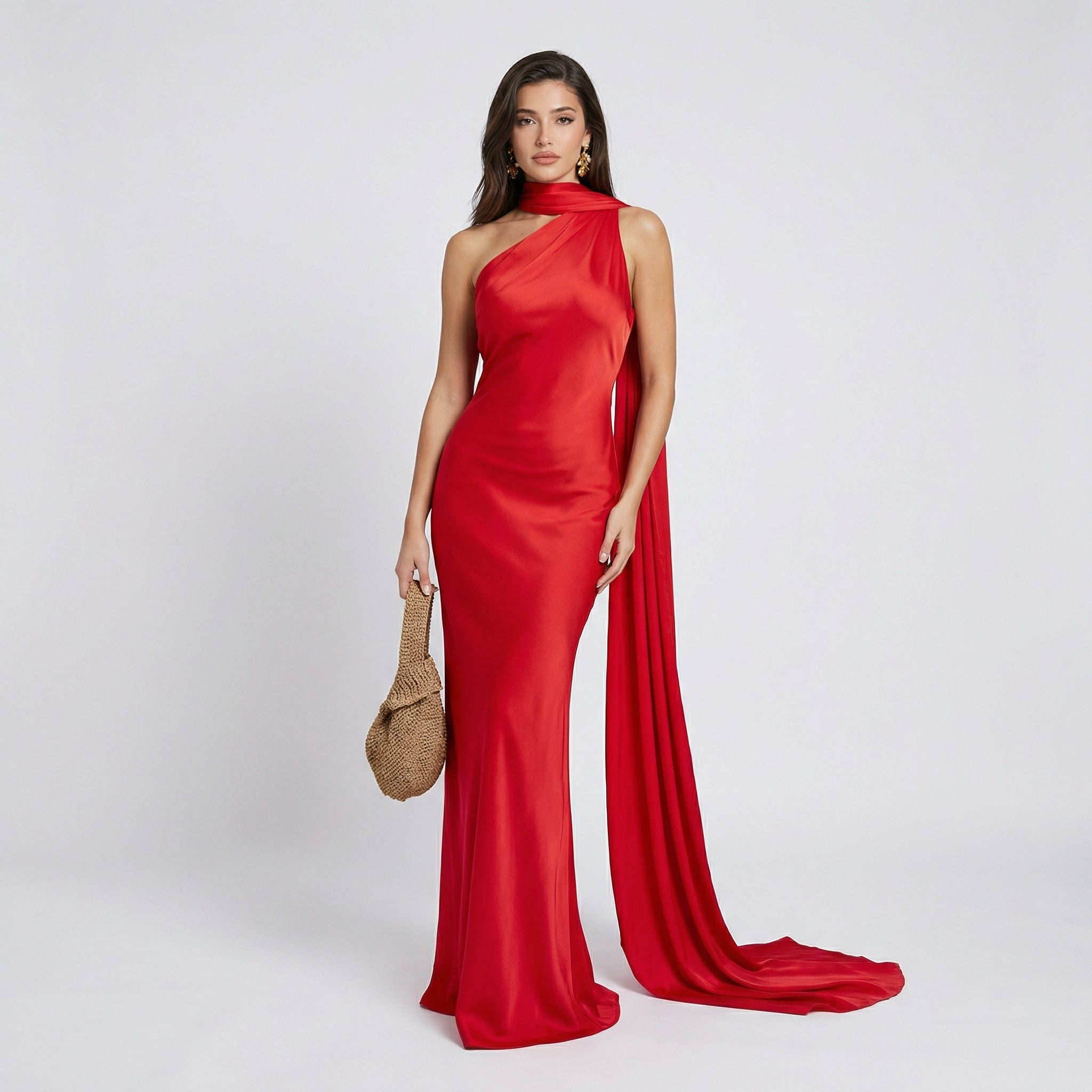 Seraphina Satin One-Shoulder Scarf Gown