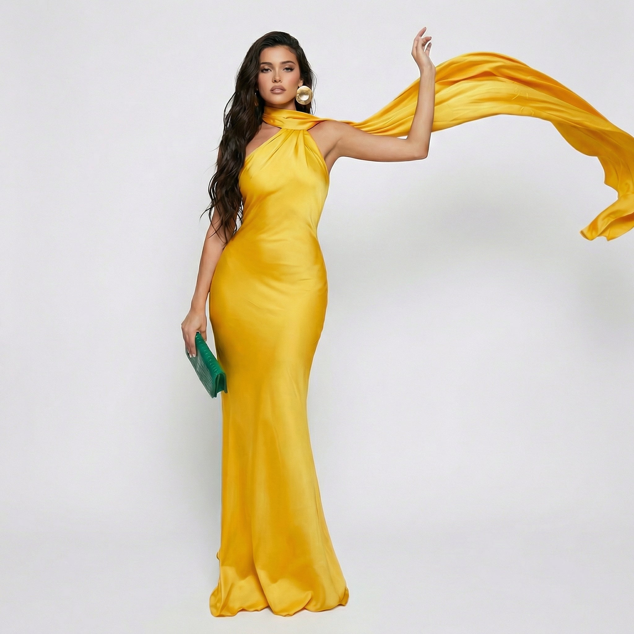 Seraphina Satin One-Shoulder Scarf Gown